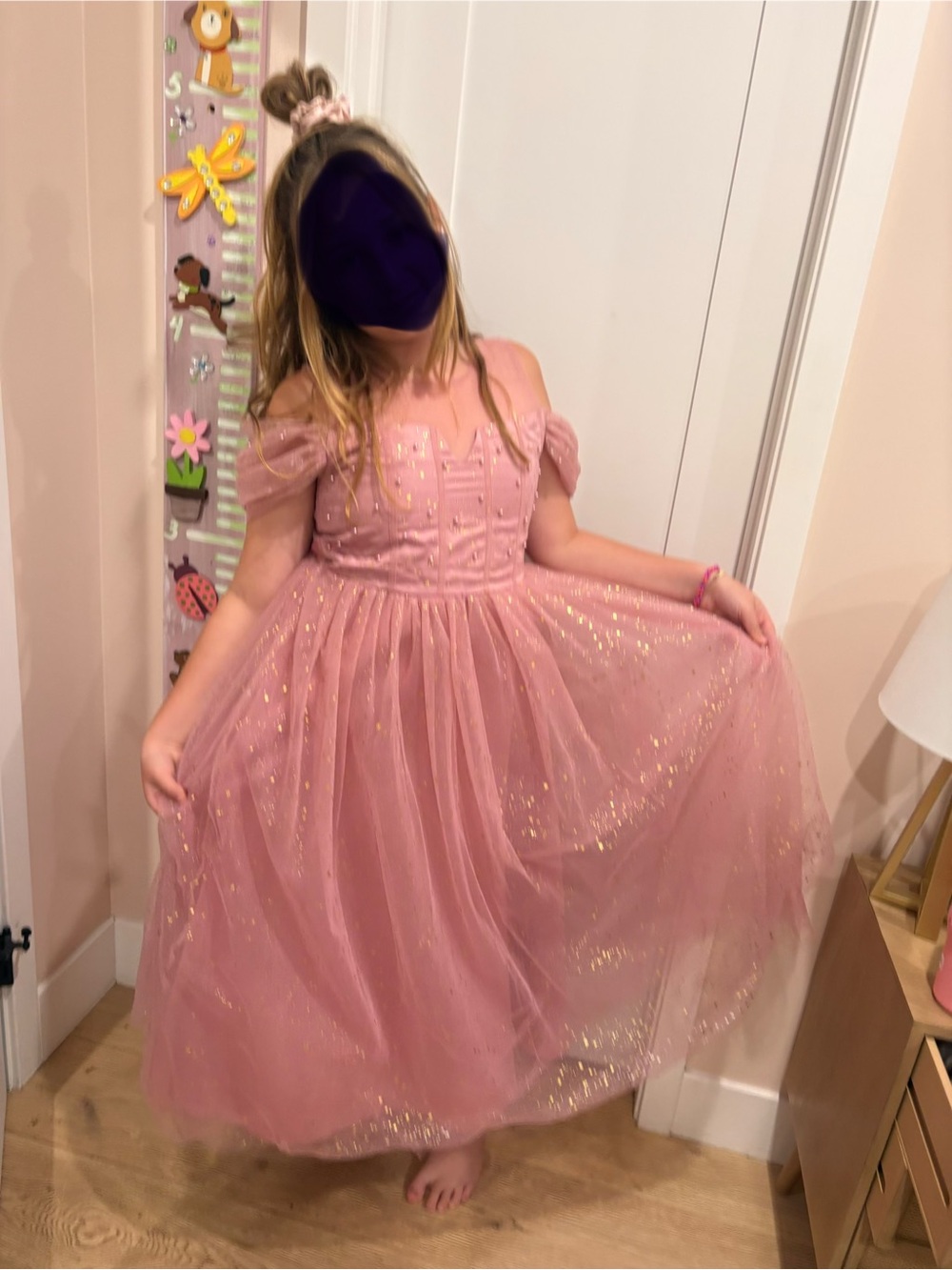Girls' Pink Glitter Tulle Party Dress with Puff Sleeves